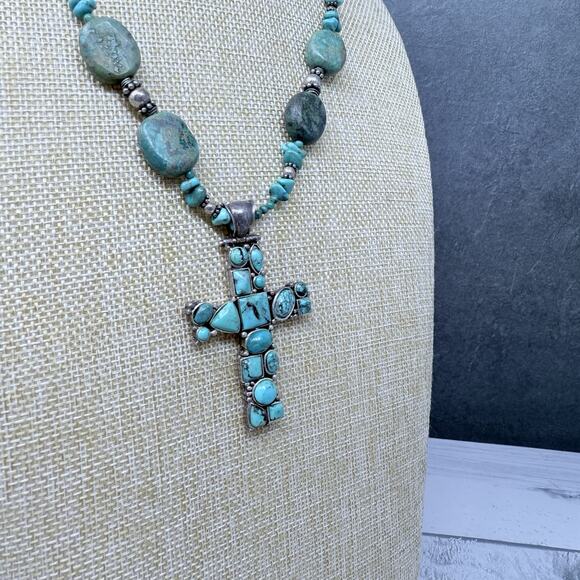 Vintage Blue Green Turquoise Sterling Silver Cross Pendant and Necklace 81 grams - Picture 2 of 11
